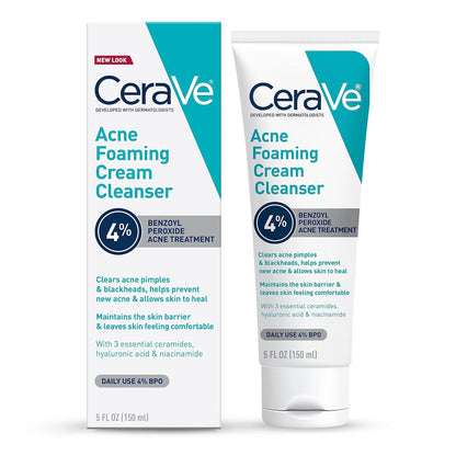 CeraVe Acne Foaming Cream Cleanser with 4% Benzoyl Peroxide, Hyaluronic Acid & Niacinamide | Daily Gentle Face Wash for Clearer Skin | 5 oz