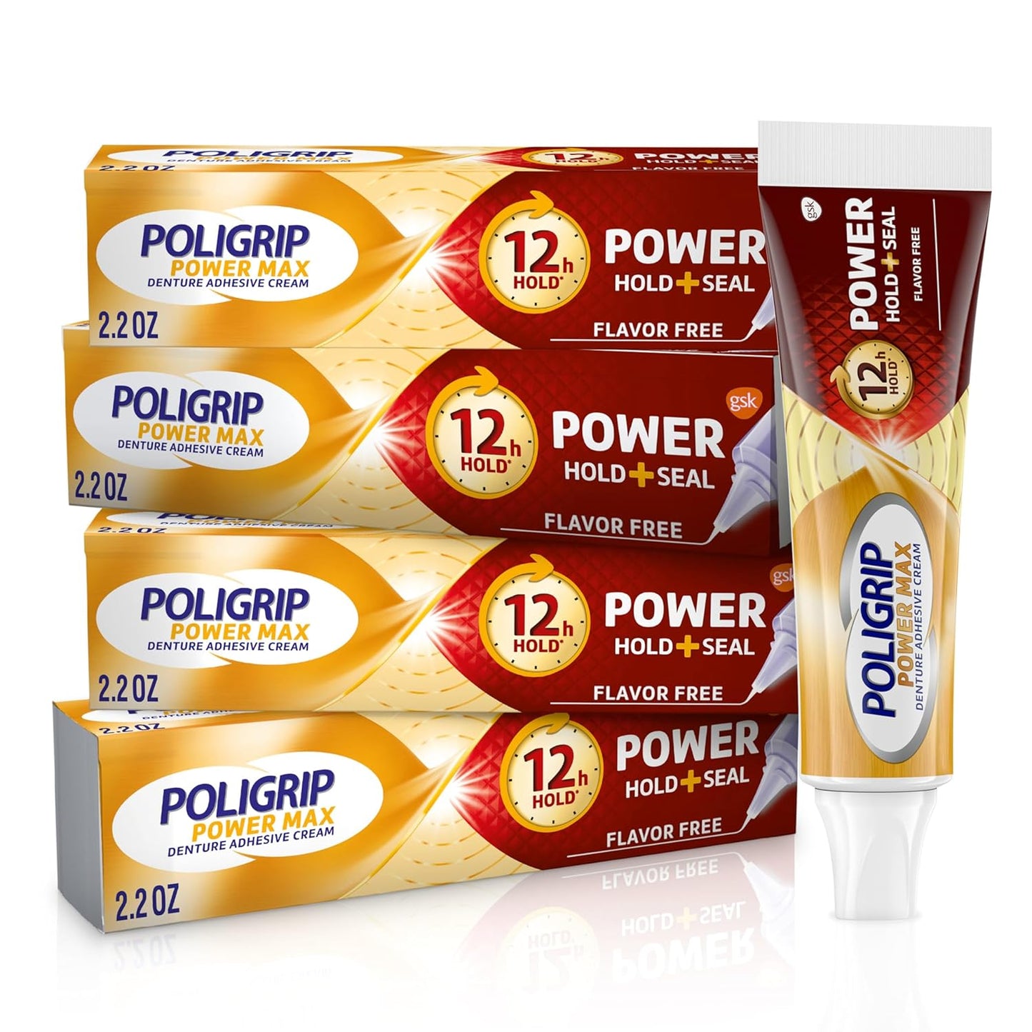 Super Poligrip Power Max Power Hold Plus Seal Denture Adhesive Cream, Secure Hold & Food Seal, Flavor-Free, 2.2 oz (Pack of 4)