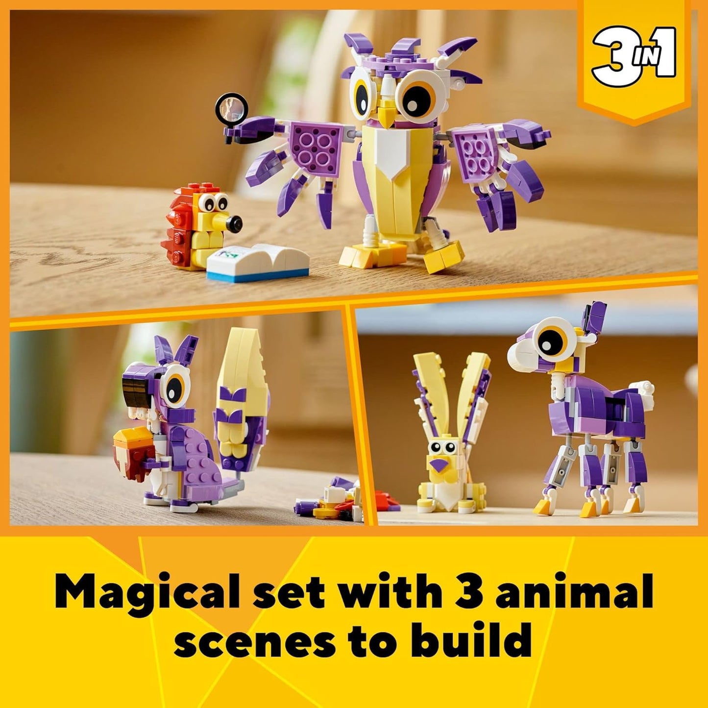 LEGO Creator 3-in-1 Fantasy Forest Creatures Set – Woodland Animal Toys Transforms from Rabbit to Owl to Squirrel, Ideal Gift for Kids Aged 7+, 31125