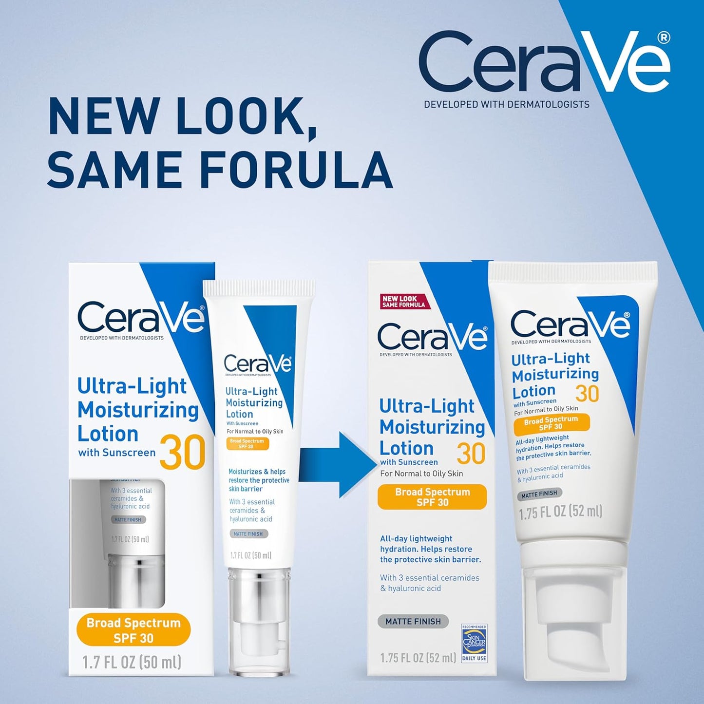 CeraVe Ultra-Light Moisturizing Lotion with SPF 30, Daily Face Moisturizer, Hyaluronic Acid & Ceramides, Oil-Free, Matte Finish, 1.7 oz