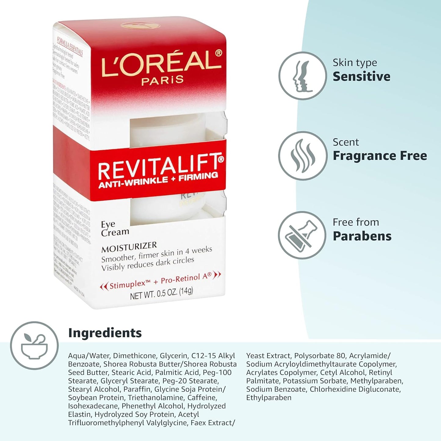 L'Oréal Paris Skincare Revitalift Anti-Wrinkle & Firming Eye Cream with Pro Retinol, Dark Circle Treatment, Fragrance-Free, 0.5 oz.