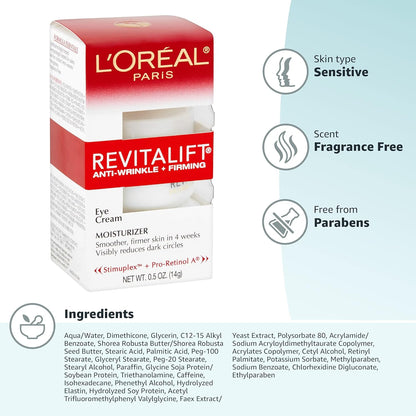 L'Oréal Paris Skincare Revitalift Anti-Wrinkle & Firming Eye Cream with Pro Retinol, Dark Circle Treatment, Fragrance-Free, 0.5 oz.