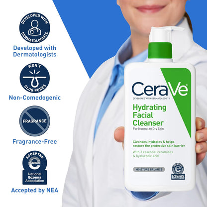 CeraVe Hydrating Facial Cleanser – Moisturizing Face Wash with Hyaluronic Acid, Ceramides, and Glycerin for Dry Skin – Certified by the National Eczema Association