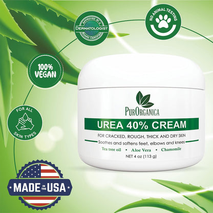 Urea 40% Cream – Made in USA, Foot Cream for Thick, Cracked, Rough Skin, Callus & Corn Remover, Toenail Softener & Dead Skin Treatment