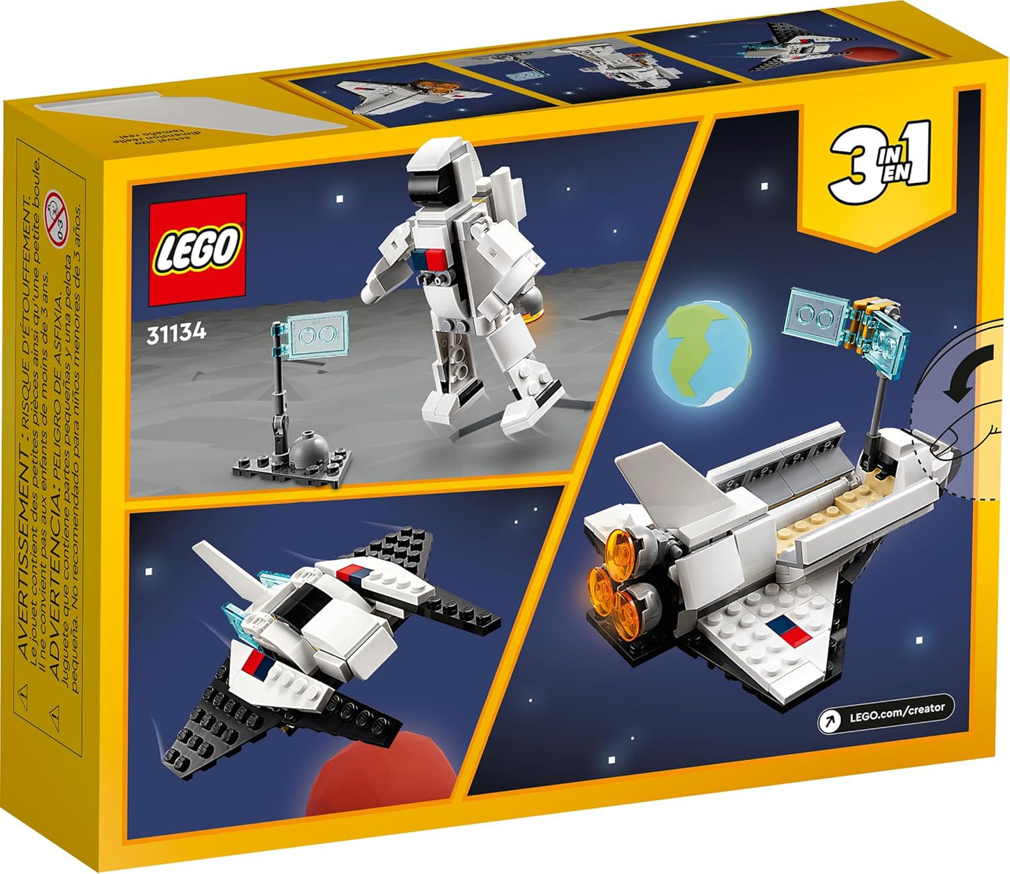 LEGO Creator 3-in-1 Space Shuttle Building Set – Buildable Space Toys for Boys & Girls Aged 6+, Includes Options for 2 Spaceships or Astronaut, Educational Gift for Kids' Birthdays & Holidays, 31134