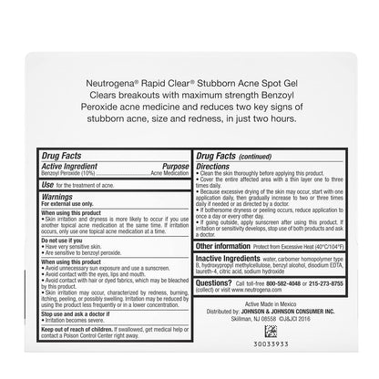 Neutrogena Rapid Clear Stubborn Acne Spot Treatment Gel | Maximum Strength 10% Benzoyl Peroxide for Acne-Prone Skin | Pimple Cream, 1 oz