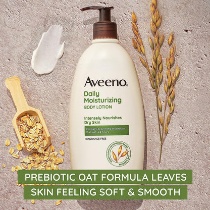 Aveeno Daily Moisturizer Body Lotion for Dry Skin, Prebiotic Oat, Fragrance-Free, 18 Fl Oz – Hydrates and Nourishes Skin, Pack of 1