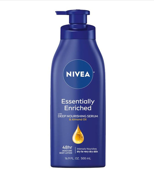 NIVEA Essentially Enriched Body Lotion, 16.9 Fl Oz | 48-Hour Moisturizing for Dry Skin, with Deep Nourishing Serum and Almond Oil, Pump Bottle